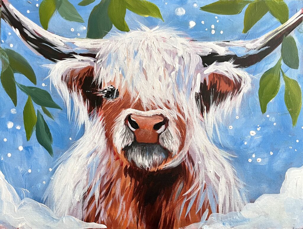 Christmas highland cow painting that will be painted at The Vales Paint and Pud Christmas event