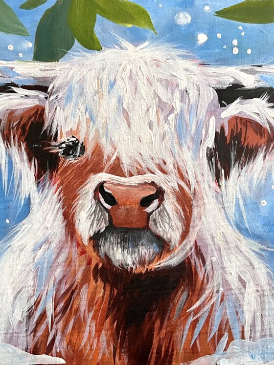 Christmas highland cow painting that will be painted at The Vales Paint and Pud Christmas event